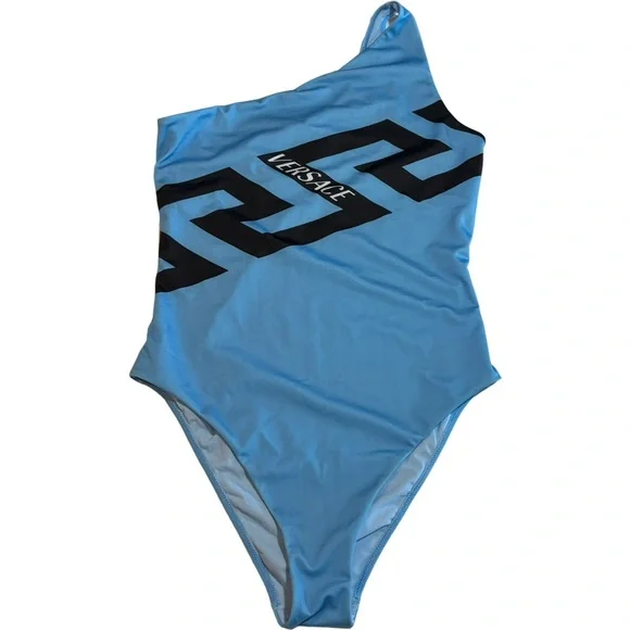 NWOT VERSACE GRECA LOGO ONE SHOULDER ONE-PIECE SWIMSUIT IN GNAWED BLUE - Picture 8 of 11